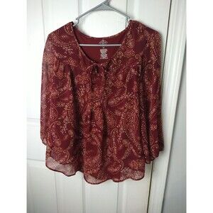 St. Johns Bay Woman PM Sheer Tank Lined Blouse Balloon Sleeve V Tie Neckline...